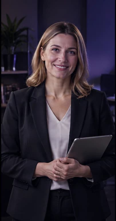 English Human Resources Manager AI avatar presenter in a professional business setting