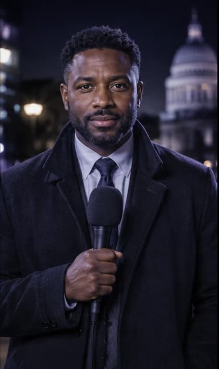 English Journalist AI avatar presenter in a professional media setting