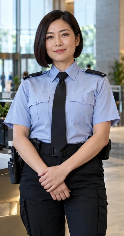 English Security Guard AI avatar presenter in a professional public safety setting