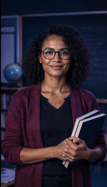 English Teacher AI avatar presenter in a professional education setting