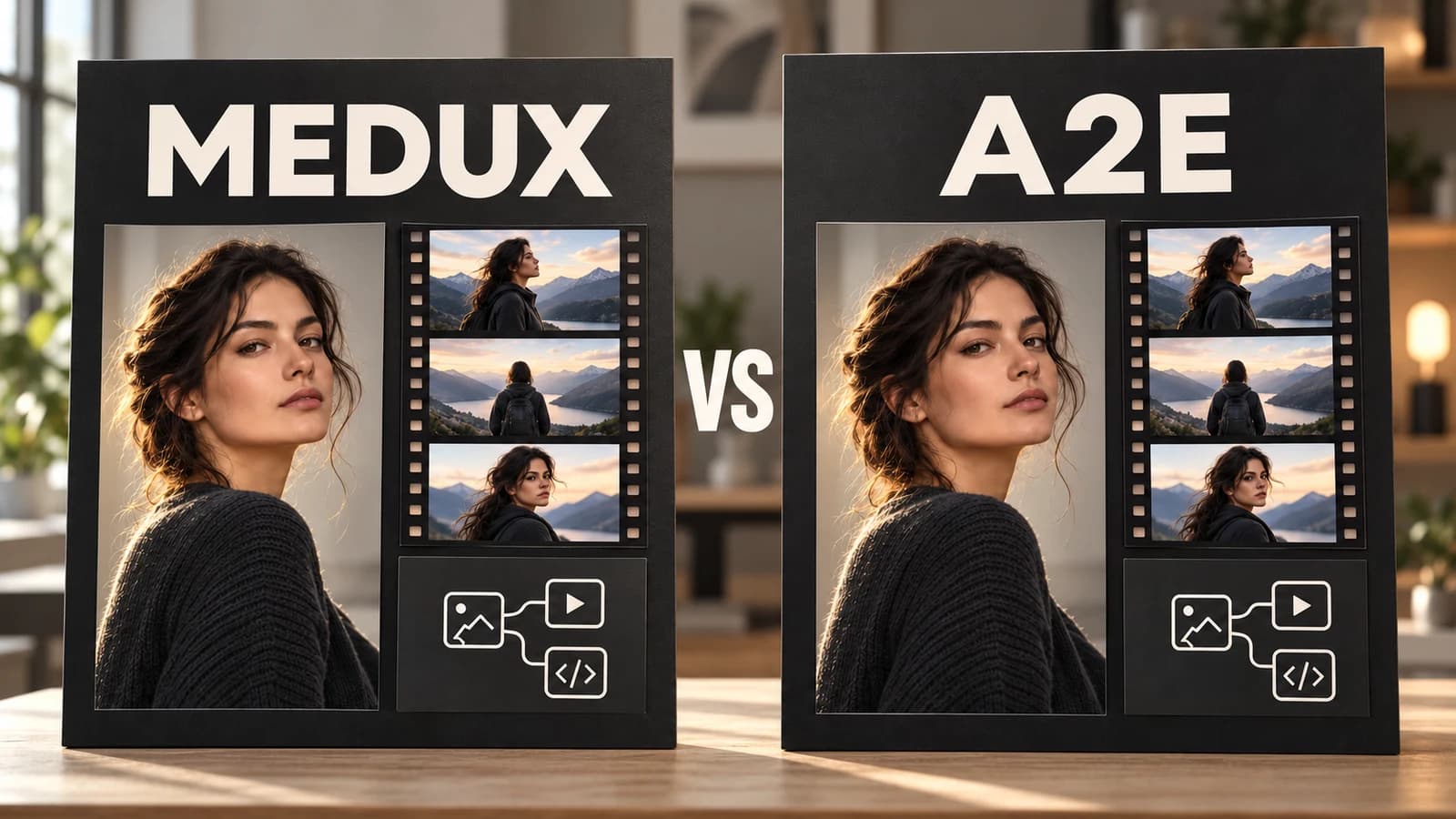MEDUX and A2E comparison boards displaying equally weighted portrait, video, and integration examples