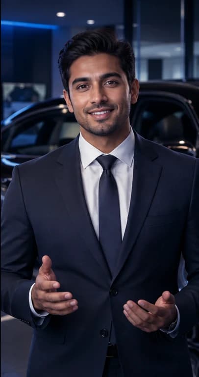 English Automotive Salesperson AI avatar presenter in a professional sales setting