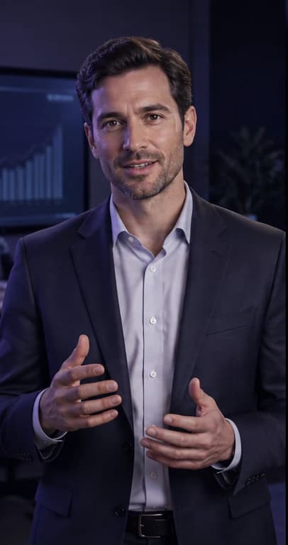 English Business Consultant AI avatar presenter in a professional business setting