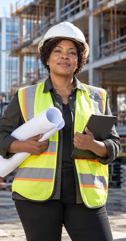 English Construction Manager AI avatar presenter in a professional engineering setting
