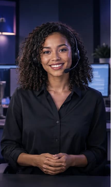 English Customer Service Representative AI avatar presenter in a professional service setting
