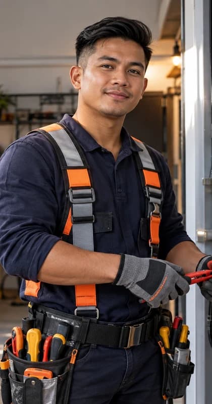 English Electrician AI avatar presenter in a professional skilled trades setting