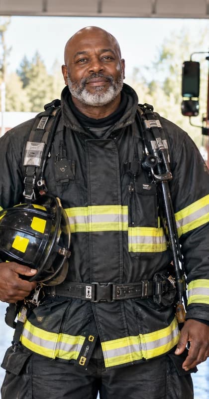 English Firefighter AI avatar presenter in a professional public safety setting