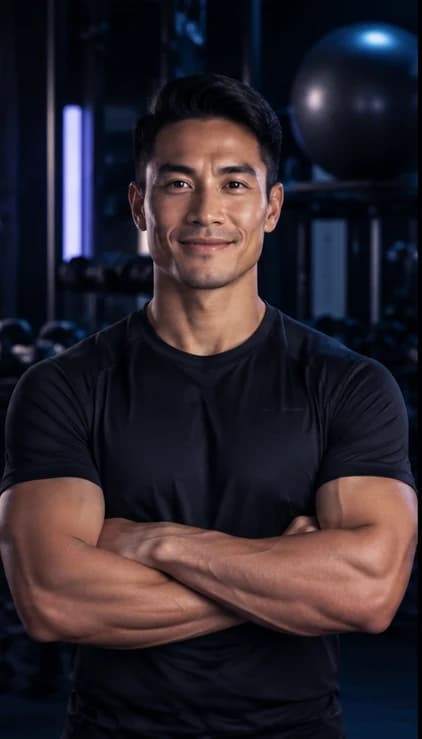 English Fitness Trainer AI avatar presenter in a professional wellness setting