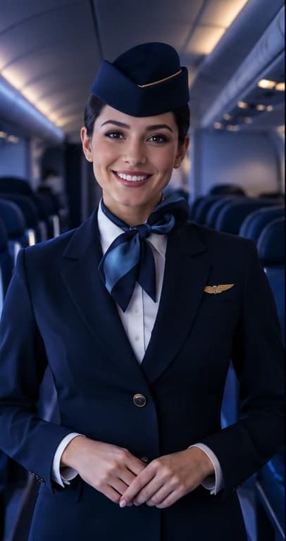 English Flight Attendant AI avatar presenter in a professional hospitality setting