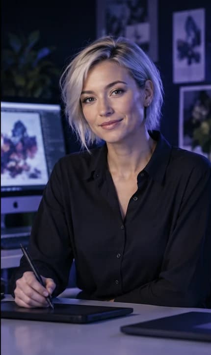 English Graphic Designer AI avatar presenter in a professional creative setting