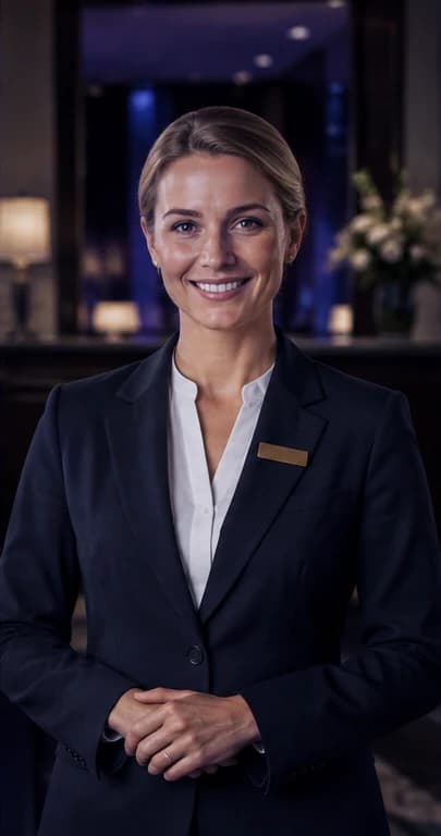 English Hotel Manager AI avatar presenter in a professional hospitality setting