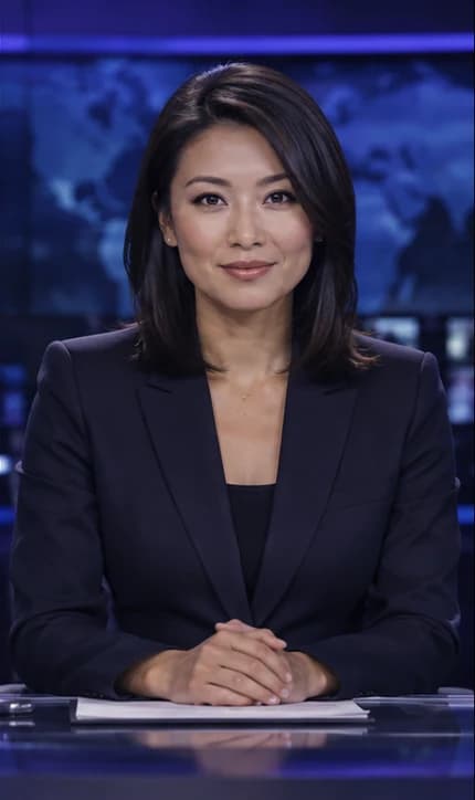 English News Anchor AI avatar presenter in a professional media setting
