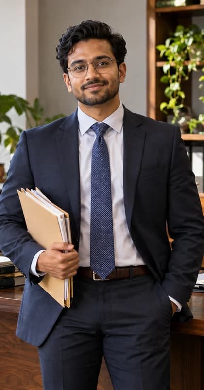 English Paralegal AI avatar presenter in a professional legal setting