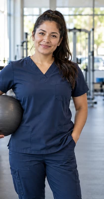 English Physical Therapist AI avatar presenter in a professional healthcare setting