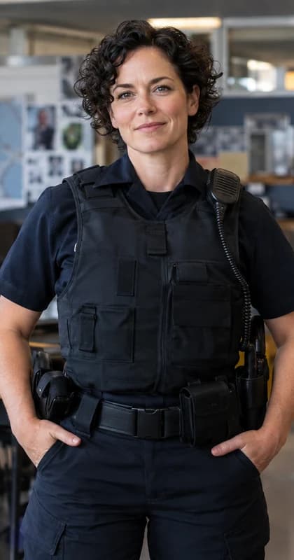 English Police Officer AI avatar presenter in a professional public safety setting