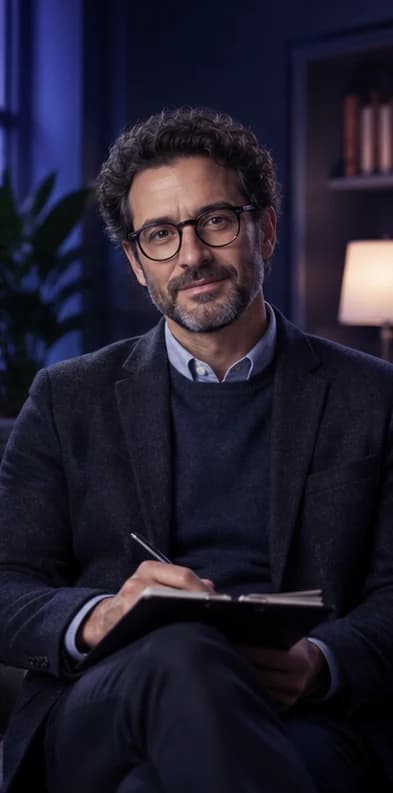 English Psychologist AI avatar presenter in a professional healthcare setting
