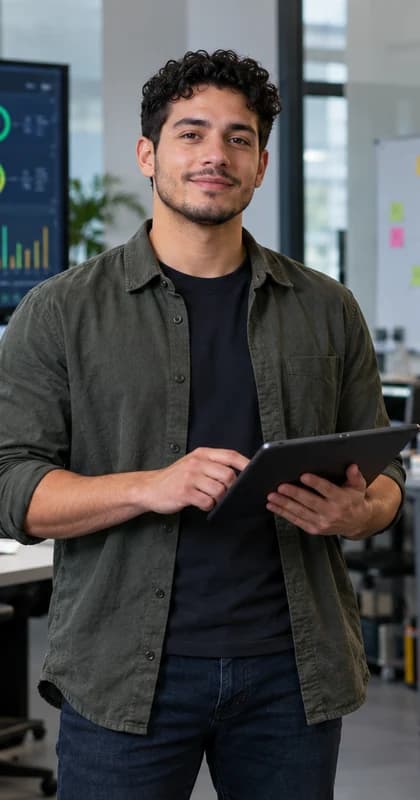 English QA Engineer AI avatar presenter in a professional technology setting