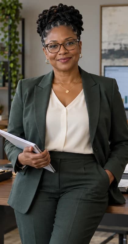 English Tax Consultant AI avatar presenter in a professional finance setting