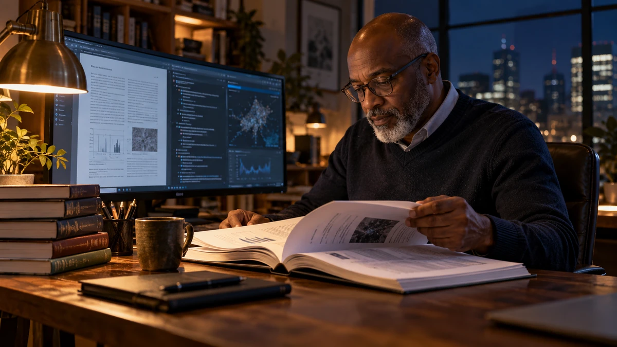 An analyst reviewing technical documents at a research desk.