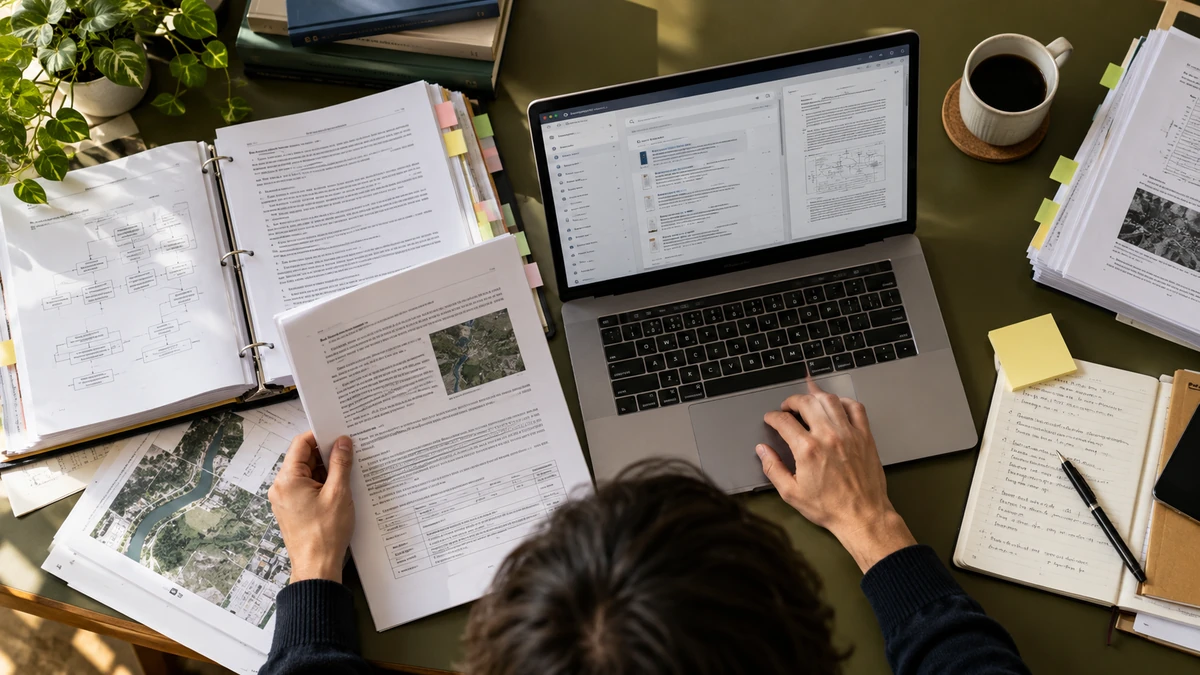 A researcher comparing technical documents with a laptop search interface.