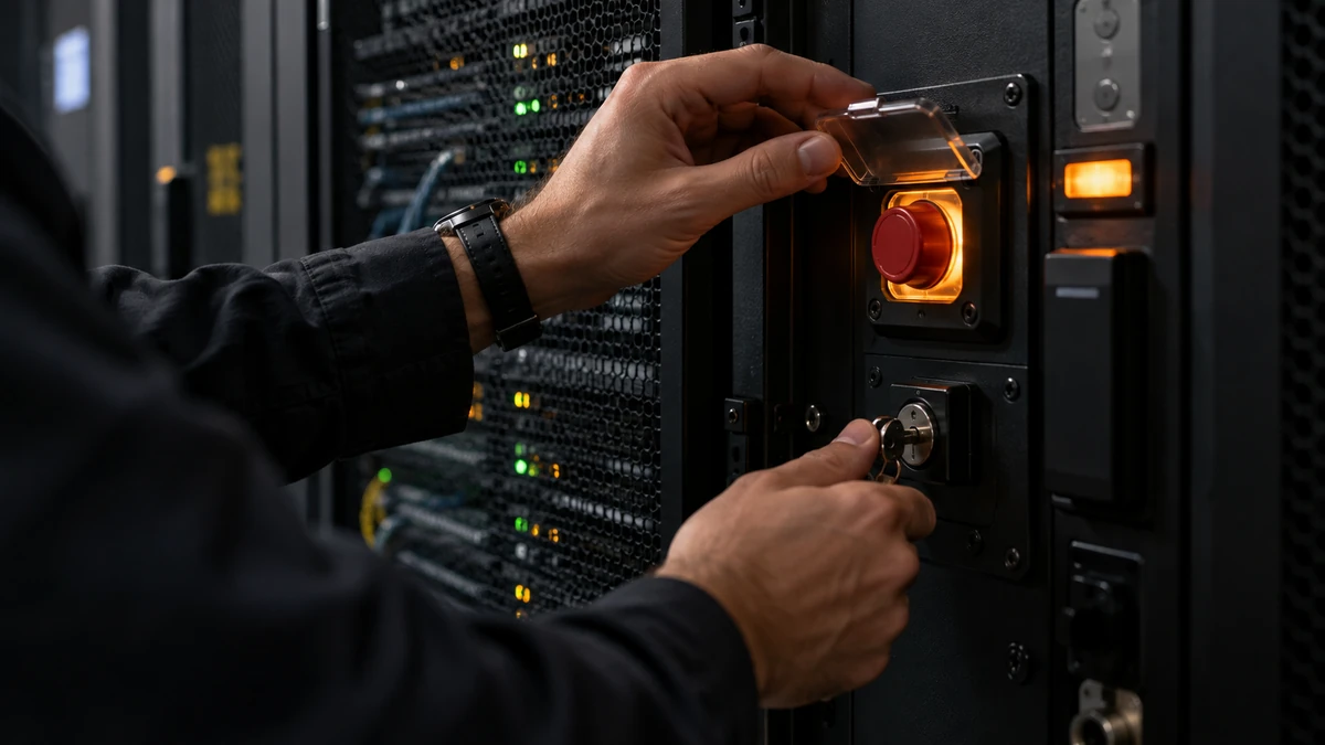 An engineer checking access controls beside a protected server enclosure.