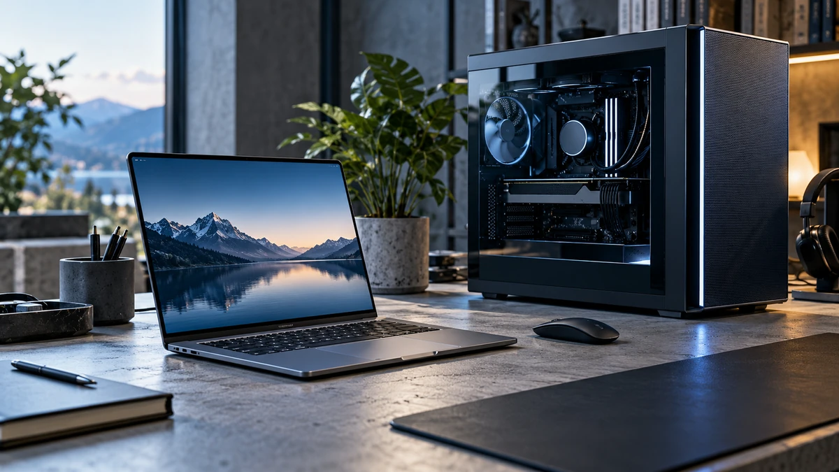 Portable and desktop computers illustrating different AI capability tiers.