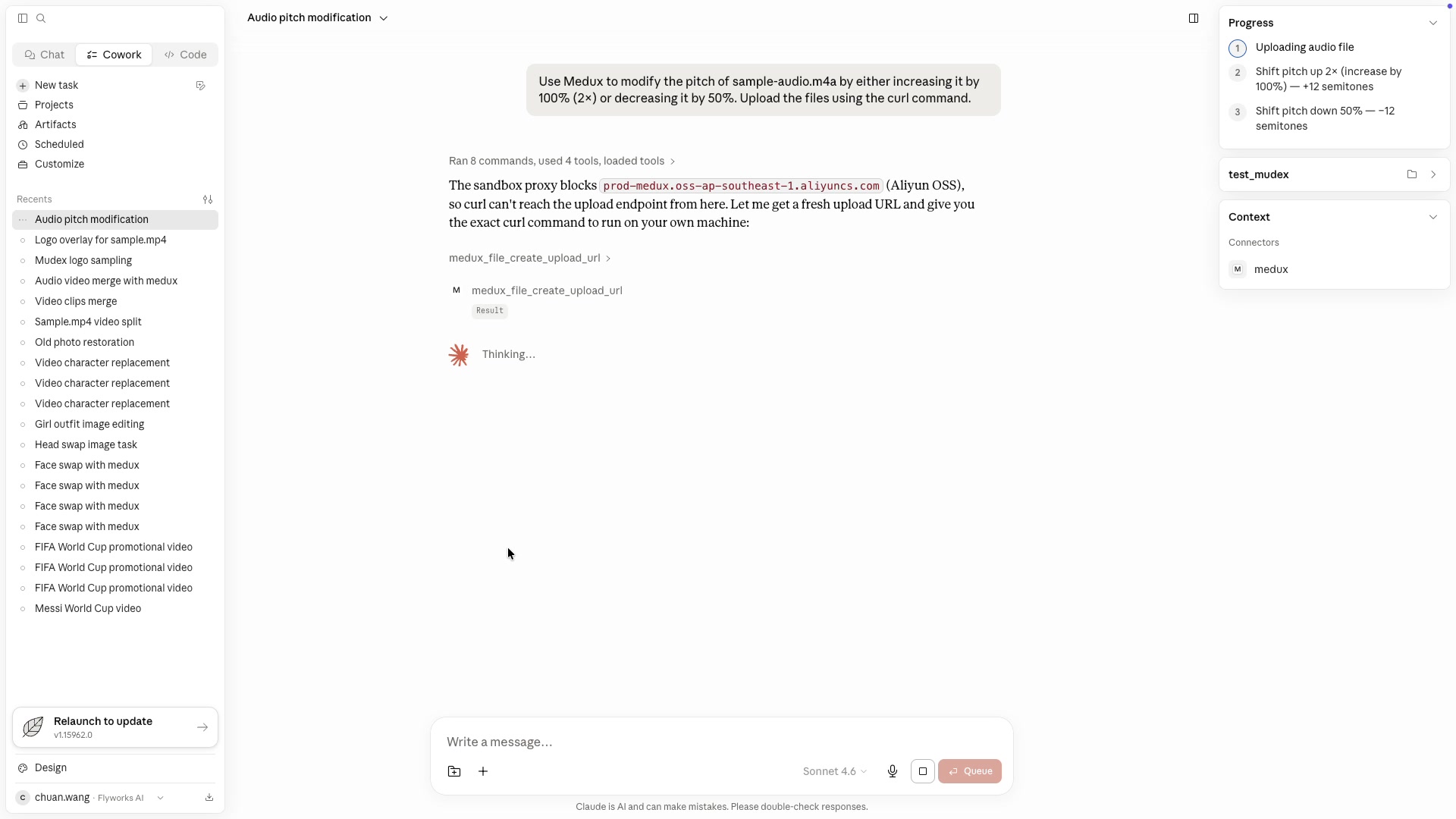 Claude requesting a Medux upload URL