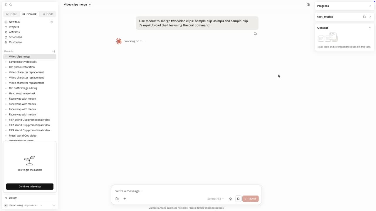 Prompt asking Claude to merge two video clips
